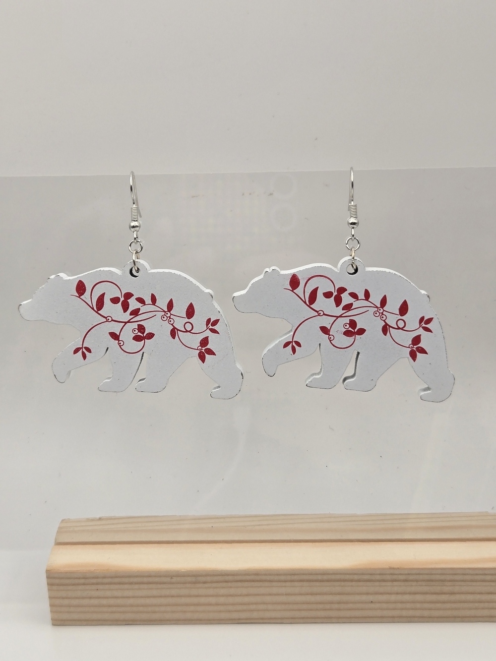 White Bear Dangle Earrings with Red Floral Motif